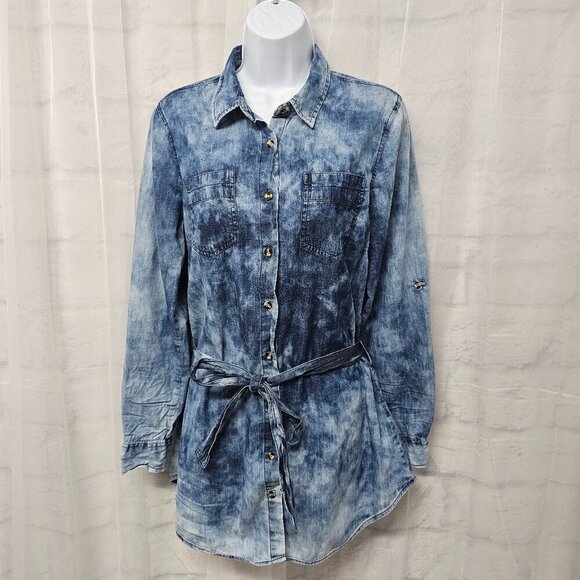 Dizzy Lizzy Blue Chambray Tie Dye Button Down Tunic Blouse Belted Grunge M - Picture 11 of 12